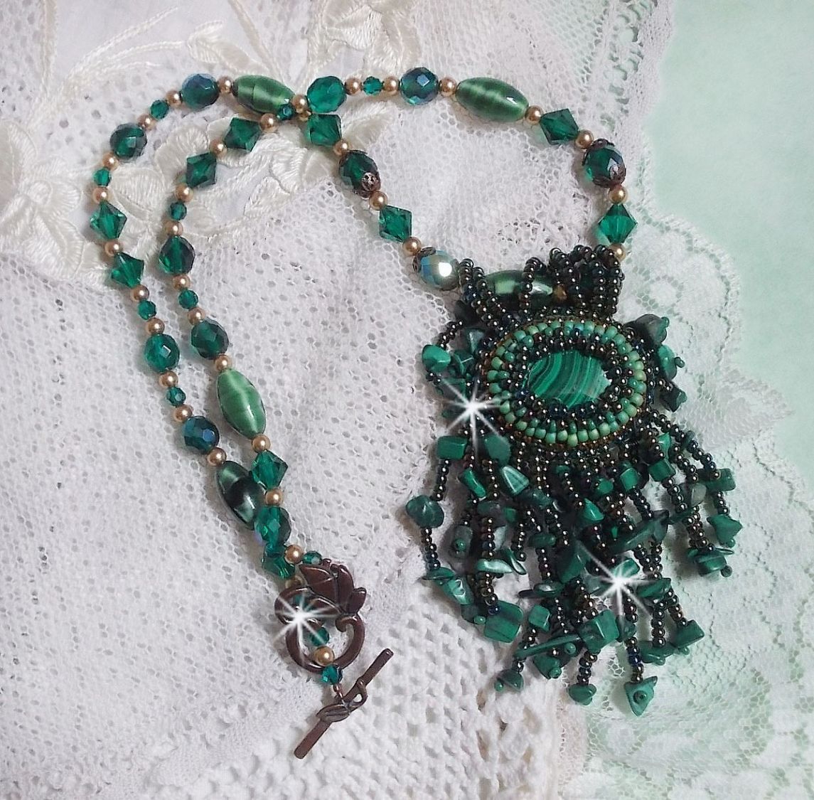 Emerald Green Pendant embroidered with Natural Malachite cabochon and chips, crystals, facets and seed beads