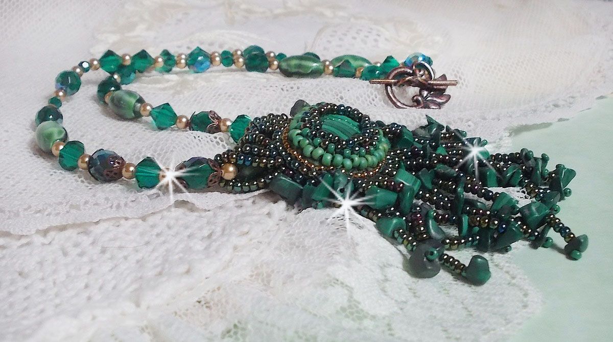 Emerald Green Pendant embroidered with Natural Malachite cabochon and chips, crystals, facets and seed beads