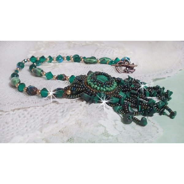 Emerald Green Pendant embroidered with Natural Malachite cabochon and chips, crystals, facets and seed beads