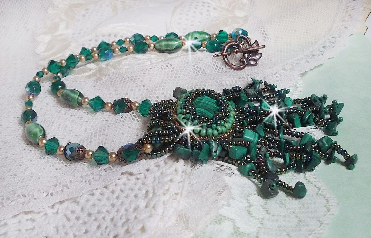 Emerald Green Pendant embroidered with Natural Malachite cabochon and chips, crystals, facets and seed beads