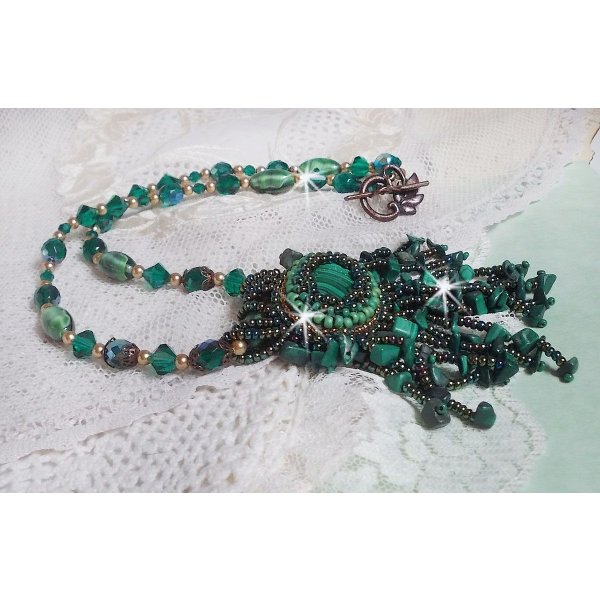 Emerald Green Pendant embroidered with Natural Malachite cabochon and chips, crystals, facets and seed beads