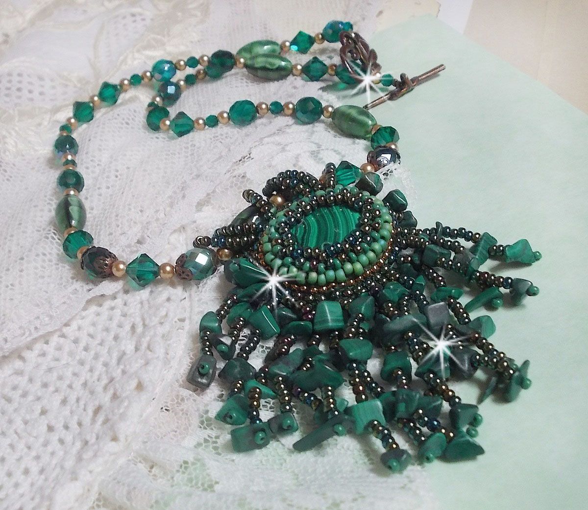 Emerald Green Pendant embroidered with Natural Malachite cabochon and chips, crystals, facets and seed beads