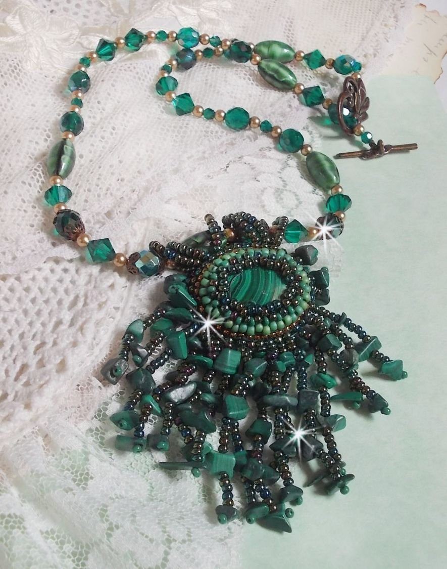 Emerald Green Pendant embroidered with Natural Malachite cabochon and chips, crystals, facets and seed beads