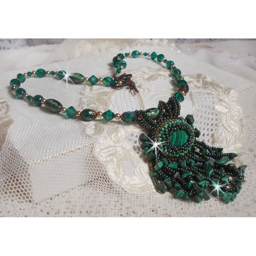 Emerald Green Pendant embroidered with Natural Malachite cabochon and chips, crystals, facets and seed beads