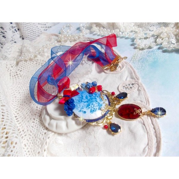 Pendentif Flamenca, cabochon &eacute;maill&eacute; de fleurs Bleues, roses r&eacute;sines, nacre abalone et jade Rouges, poires Zirconium et cristaux Bleu-Marine, breloques, pendentif r&eacute;sine &eacute;poxy, un style Flamenco