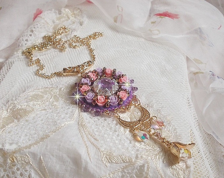 Necklace pendant Ice Purple embroidered with Swarovski crystals 