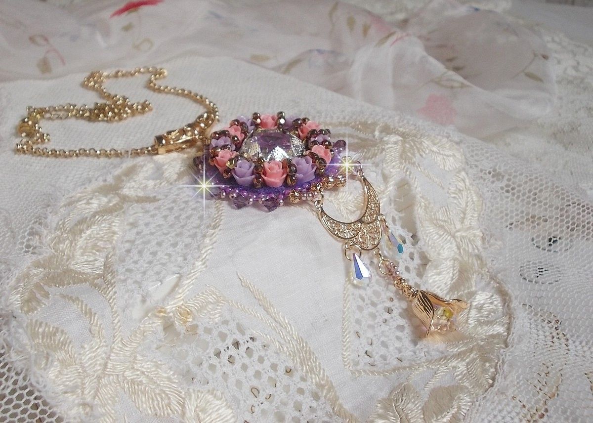 Necklace pendant Ice Purple embroidered with Swarovski crystals 