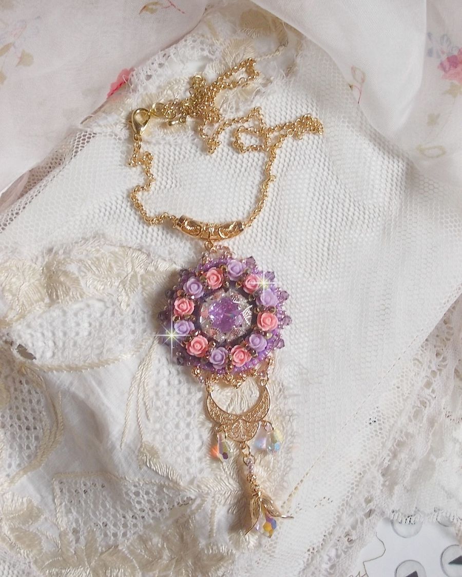 Necklace pendant Ice Purple embroidered with Swarovski crystals 