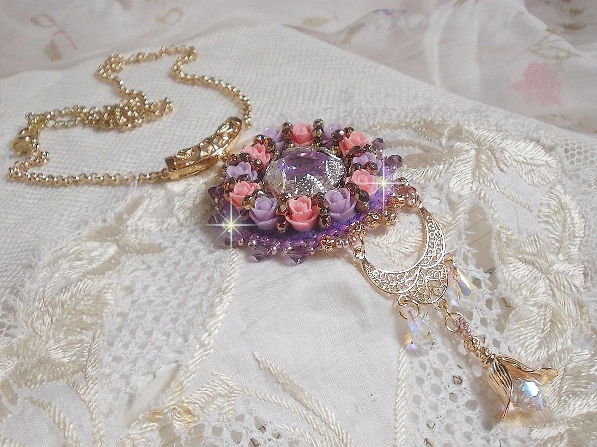 Necklace pendant Ice Purple embroidered with Swarovski crystals 