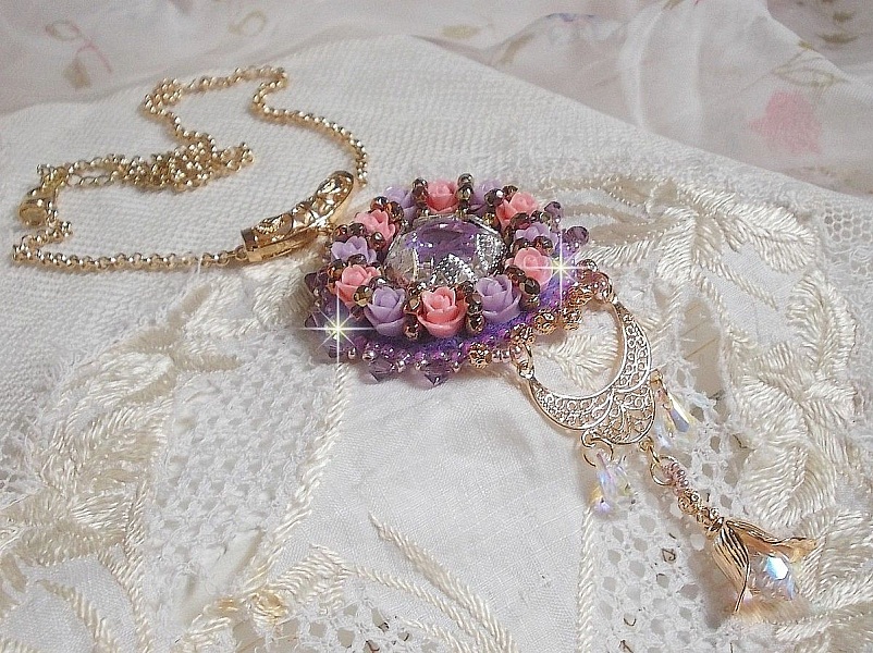 Necklace pendant Ice Purple embroidered with Swarovski crystals 