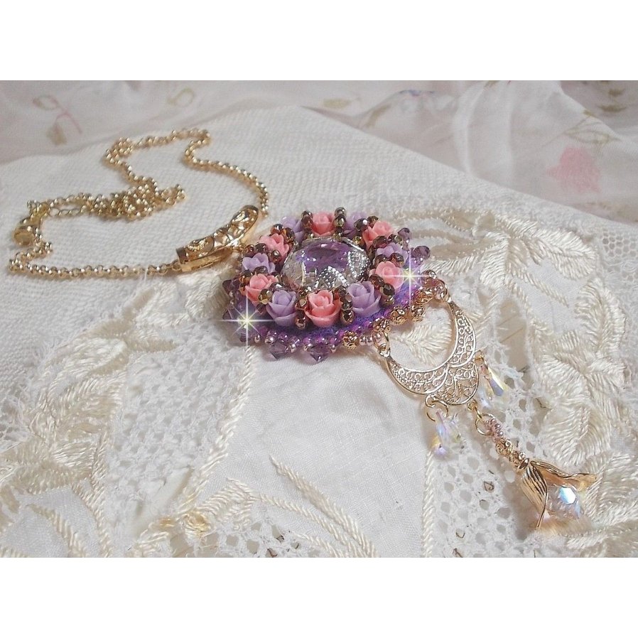 Necklace pendant Ice Purple embroidered with Swarovski crystals 