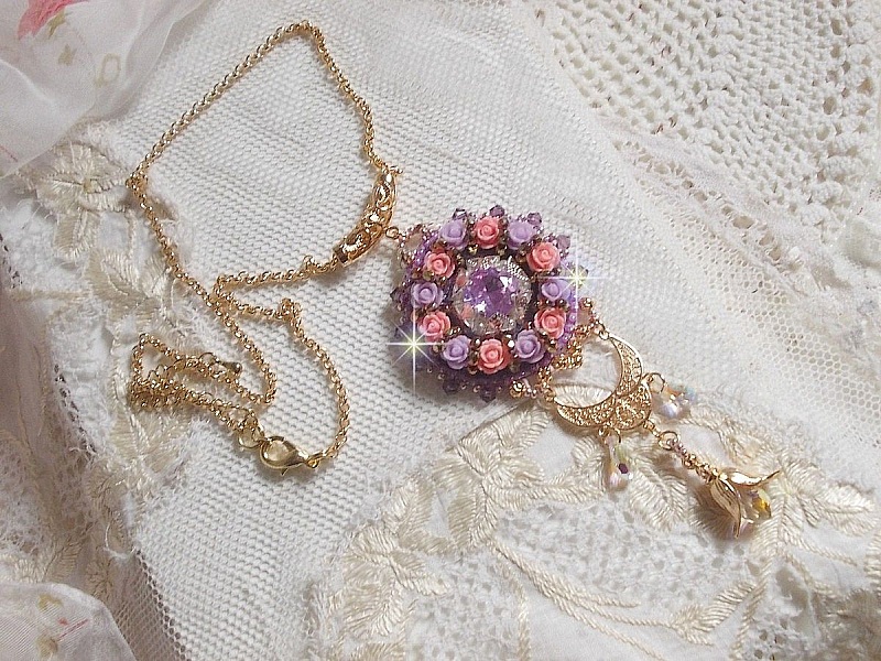 Necklace pendant Ice Purple embroidered with Swarovski crystals 