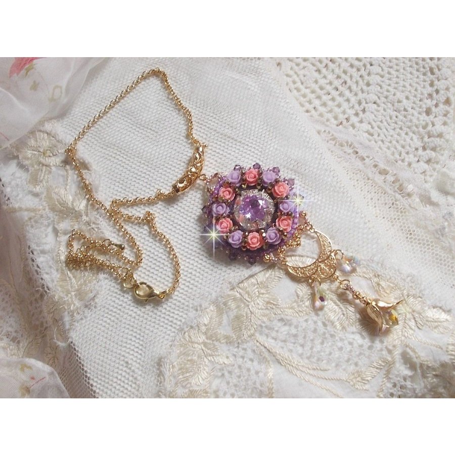 Necklace pendant Ice Purple embroidered with Swarovski crystals 