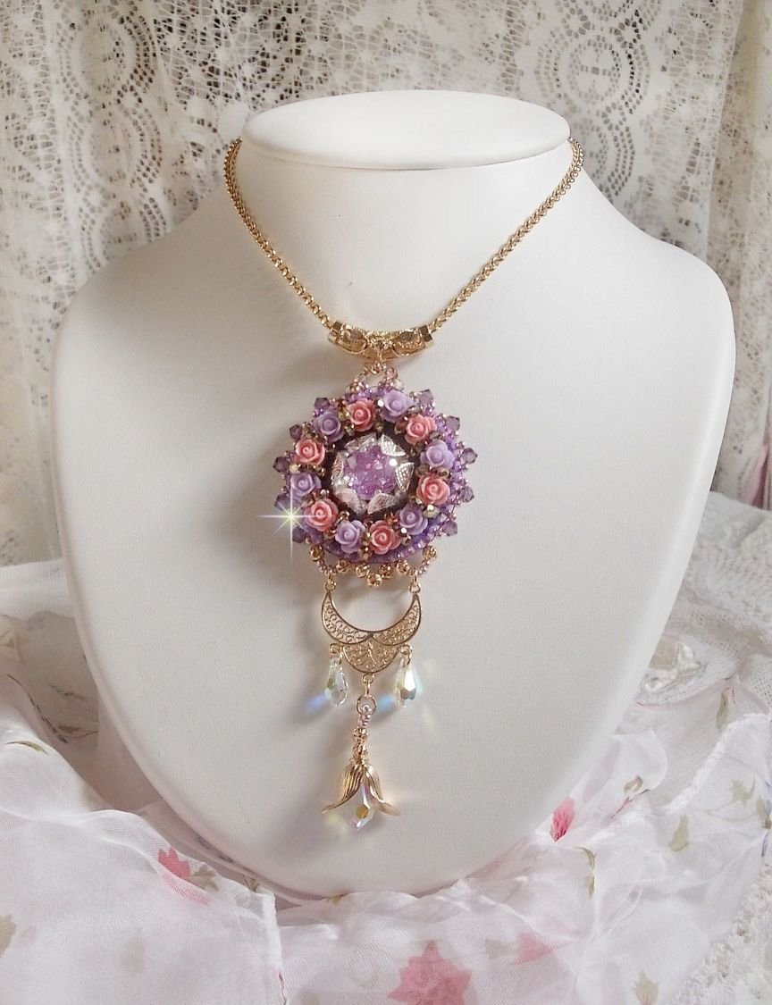 Necklace pendant Ice Purple embroidered with Swarovski crystals 