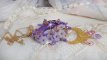 Laureline pendant necklace embroidered with purple DMC cotton, Swarovski crystals and frosted flowers.