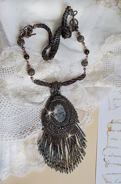 Long Brown Picasso Pendant embroidered with Picasso Jasper, Miyuki and Toho seed beads, Swarovski crystals and Bohemian glass facets