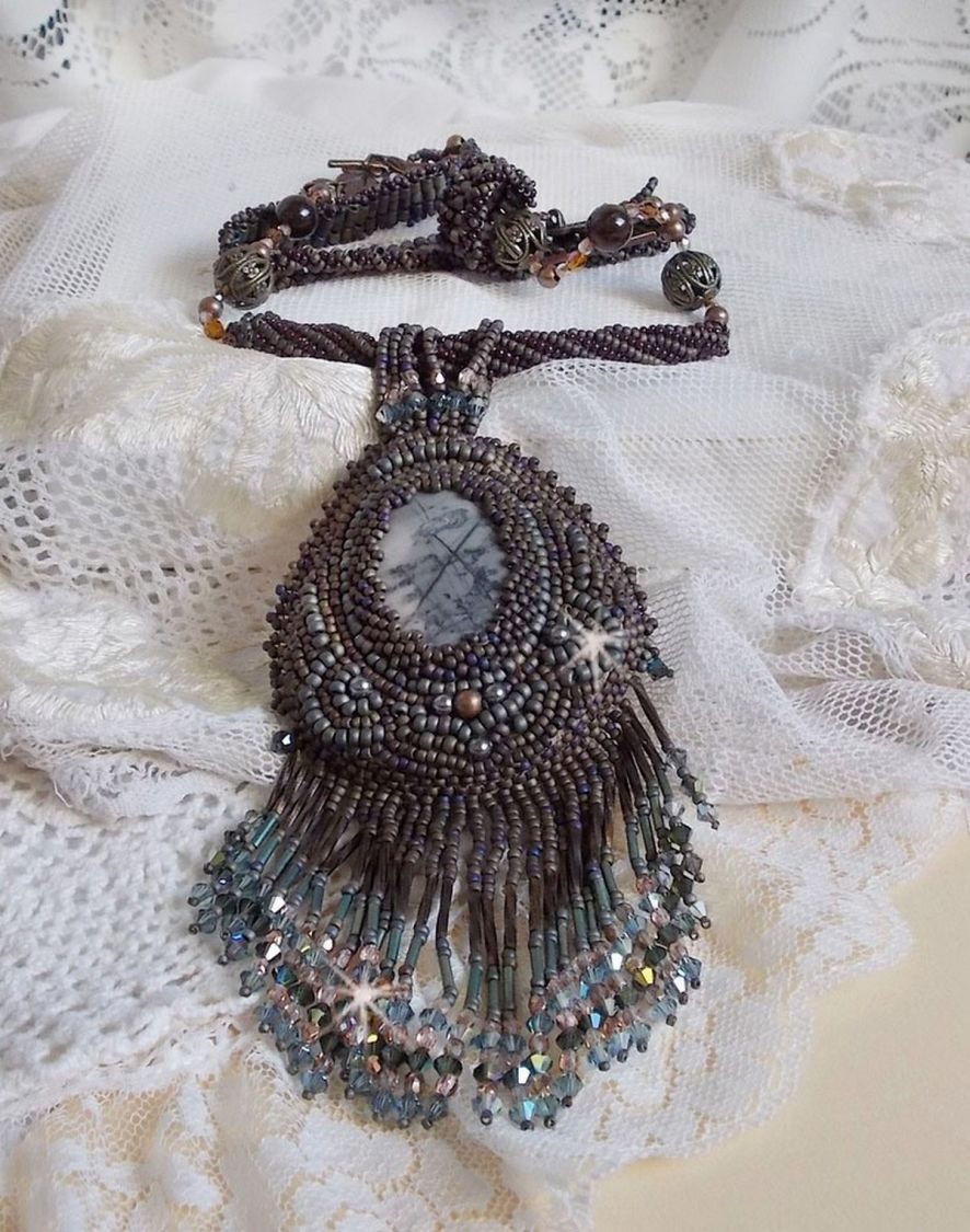 Long Brown Picasso Pendant embroidered with Picasso Jasper, Miyuki and Toho seed beads, Swarovski crystals and Bohemian glass facets