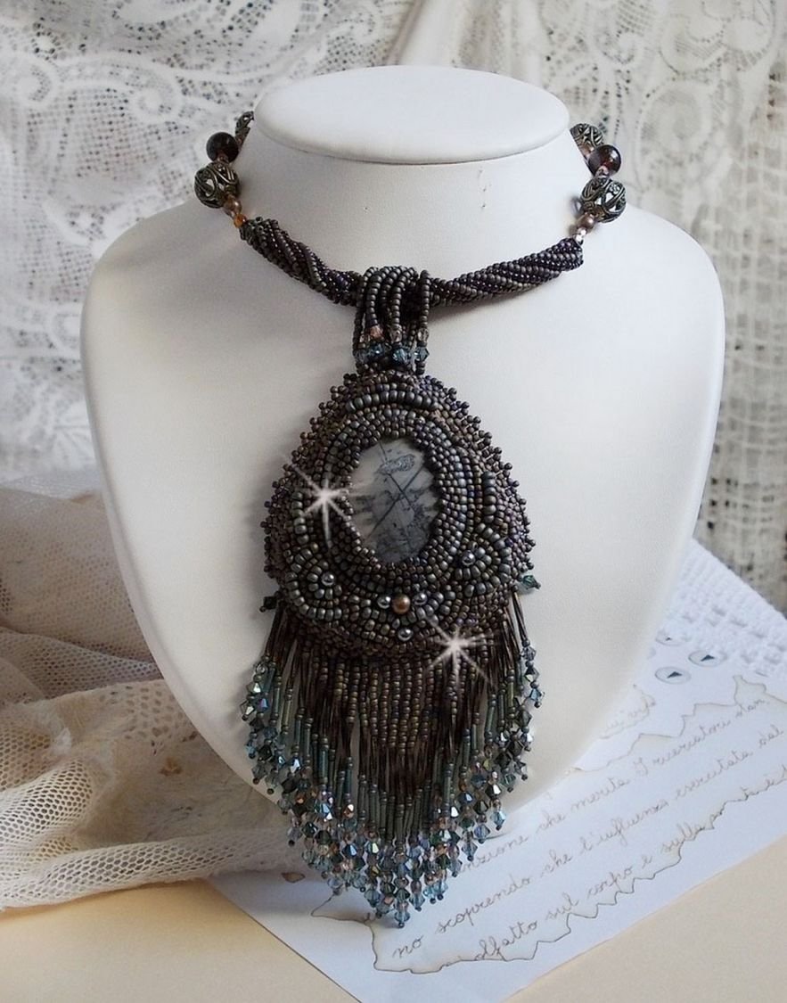 Long Brown Picasso Pendant embroidered with Picasso Jasper, Miyuki and Toho seed beads, Swarovski crystals and Bohemian glass facets