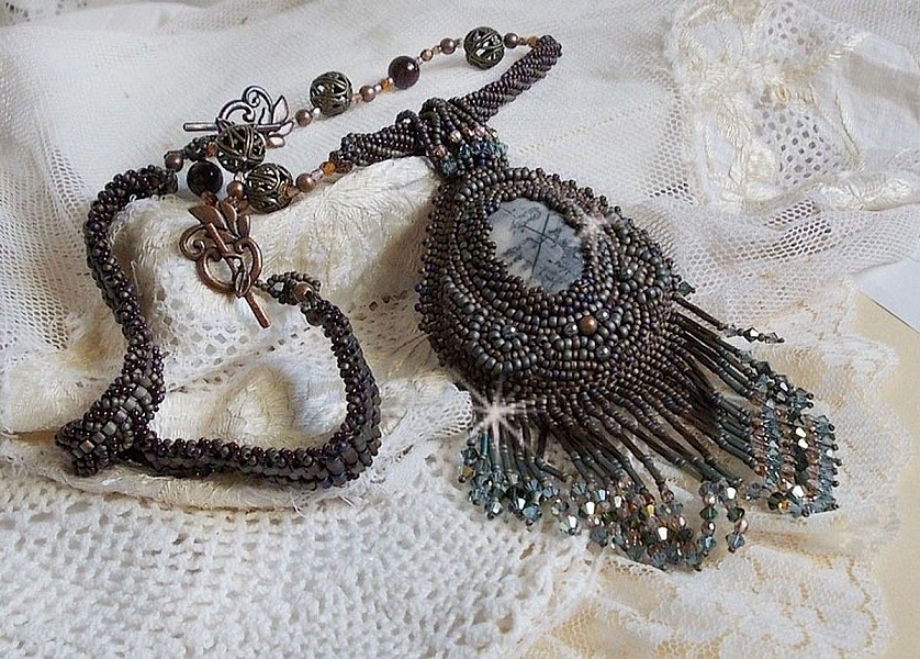 Long Brown Picasso Pendant embroidered with Picasso Jasper, Miyuki and Toho seed beads, Swarovski crystals and Bohemian glass facets