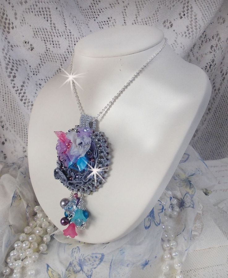 Mademoiselle Bluse Haute-Couture pendant embroidered with Swarovski crystals, resin flowers, pearly beads, seed beads and a 925 silver chain