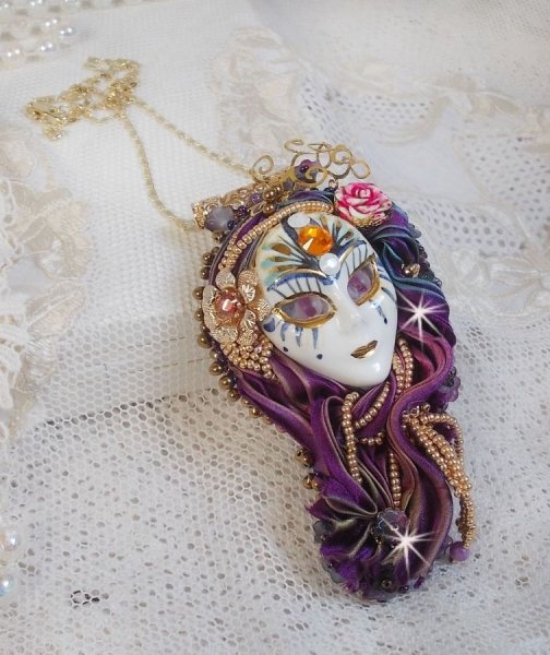 La Passionn&eacute;e de Venise pendant embroidered with a Shibori silk ribbon, semi-precious Sugilite beads, crystals and various pearls