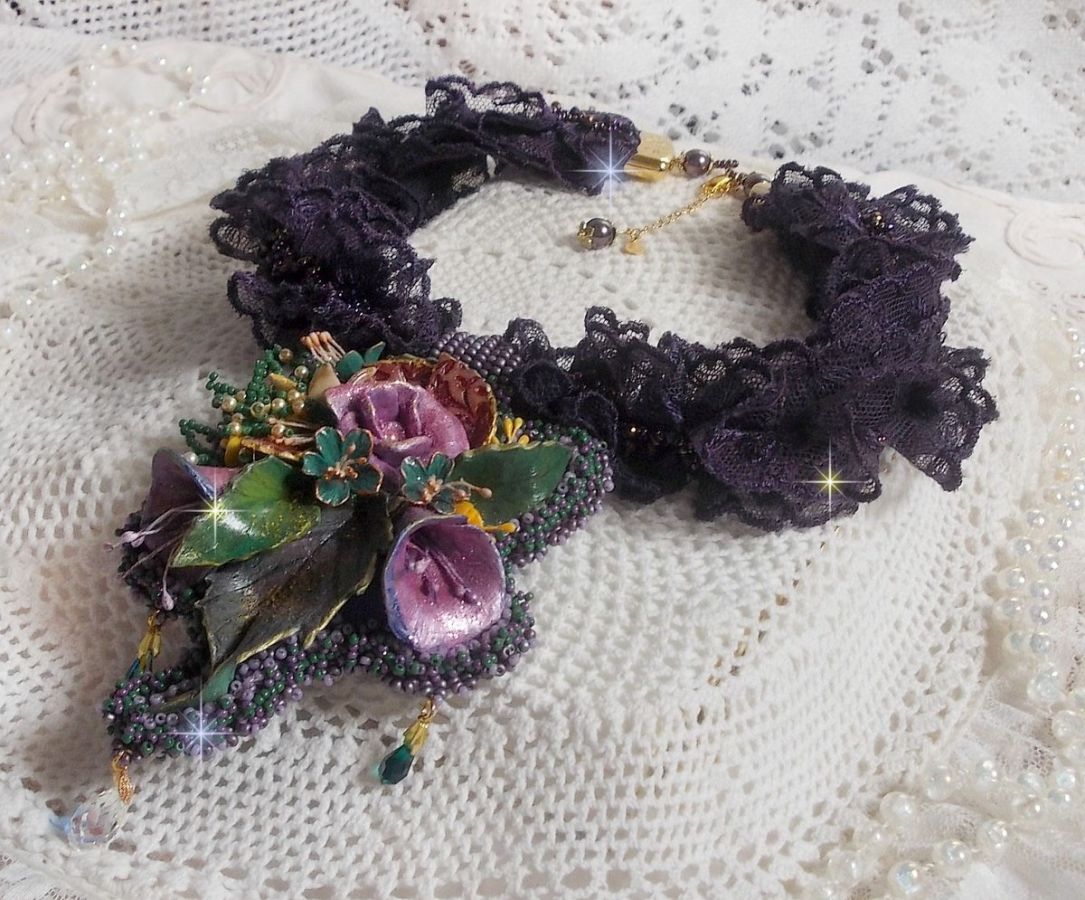 Haute-Couture Flower Poetry Pendant embroidered with porcelain flowers, antique purple lace, crystals, seed beads with 925 silver and gold plated accessories