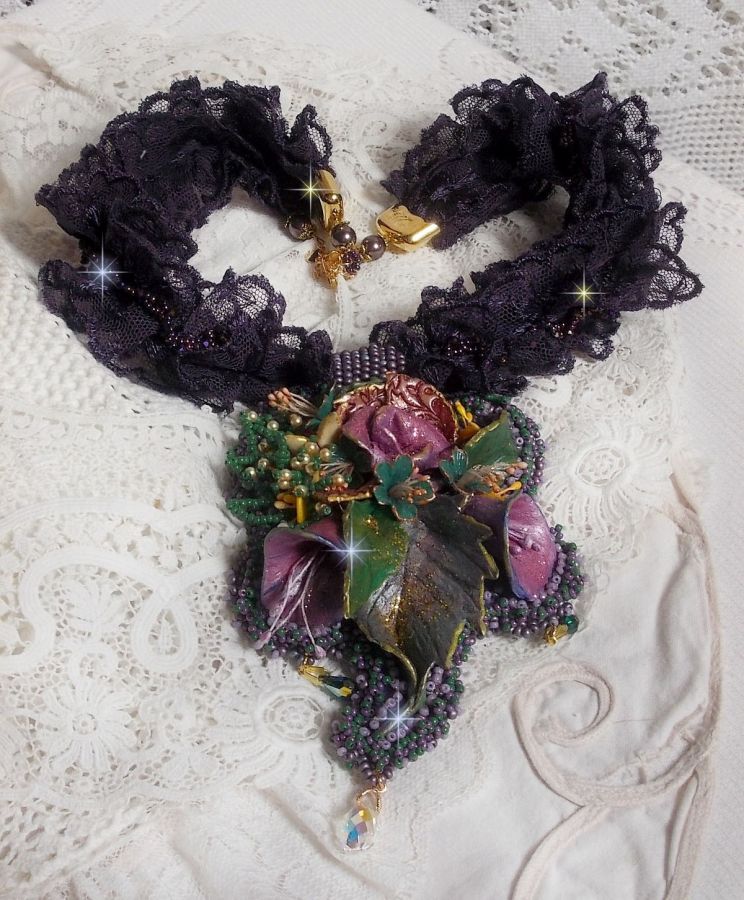 Haute-Couture Flower Poetry Pendant embroidered with porcelain flowers, antique purple lace, crystals, seed beads with 925 silver and gold plated accessories