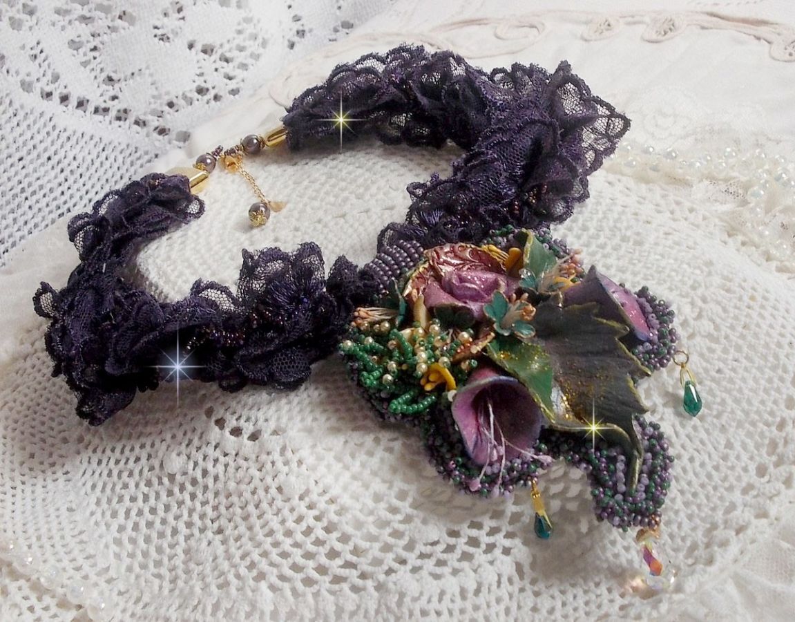 Haute-Couture Flower Poetry Pendant embroidered with porcelain flowers, antique purple lace, crystals, seed beads with 925 silver and gold plated accessories