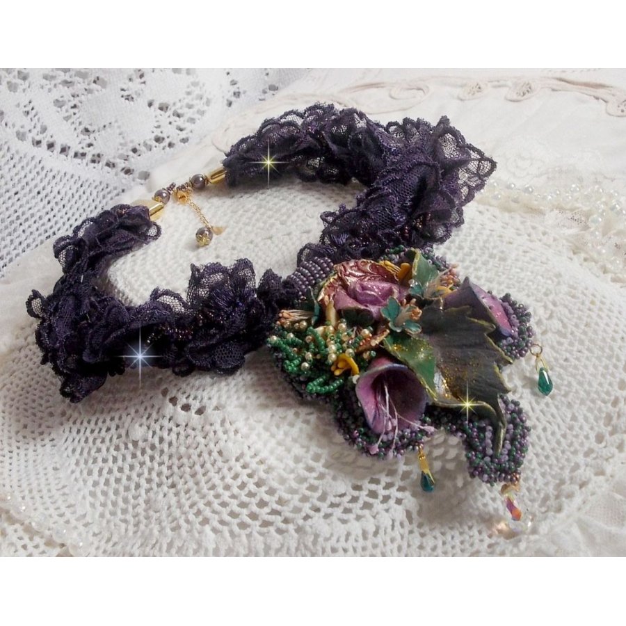 Haute-Couture Flower Poetry Pendant embroidered with porcelain flowers, antique purple lace, crystals, seed beads with 925 silver and gold plated accessories