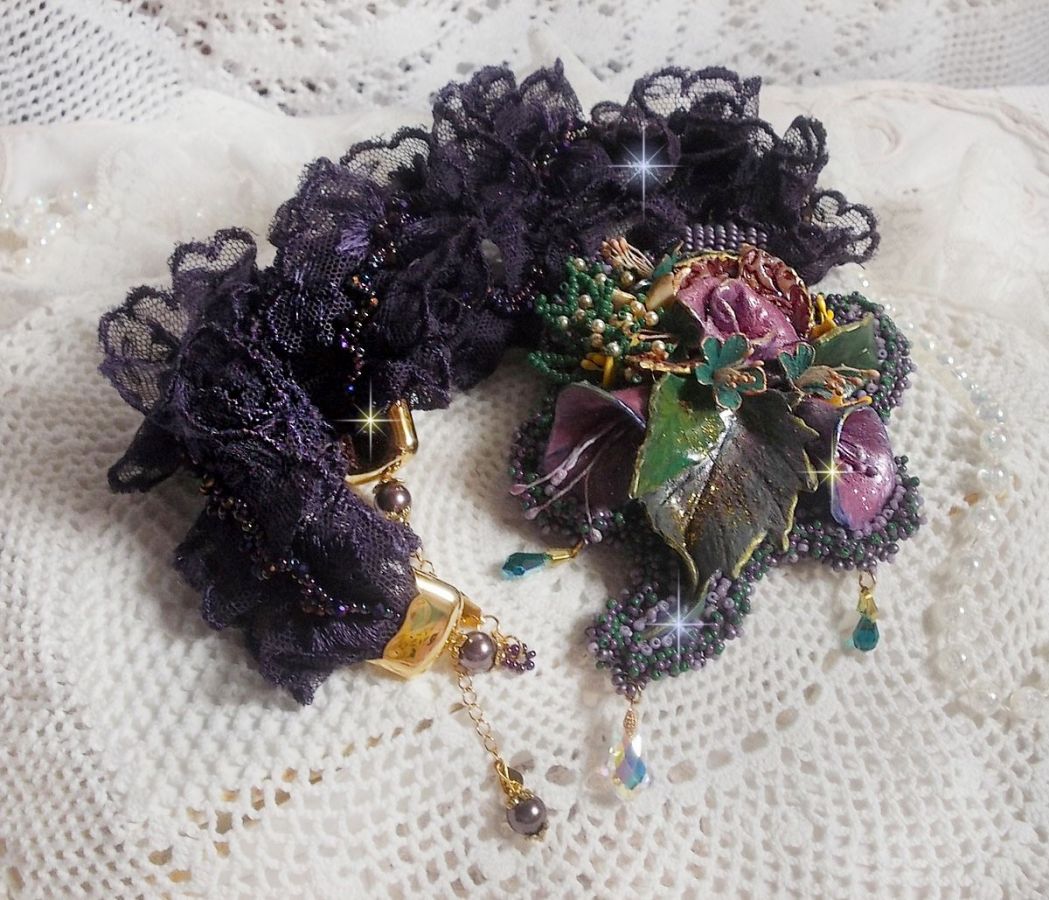 Haute-Couture Flower Poetry Pendant embroidered with porcelain flowers, antique purple lace, crystals, seed beads with 925 silver and gold plated accessories