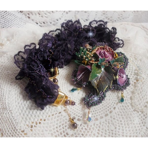 Haute-Couture Flower Poetry Pendant embroidered with porcelain flowers, antique purple lace, crystals, seed beads with 925 silver and gold plated accessories