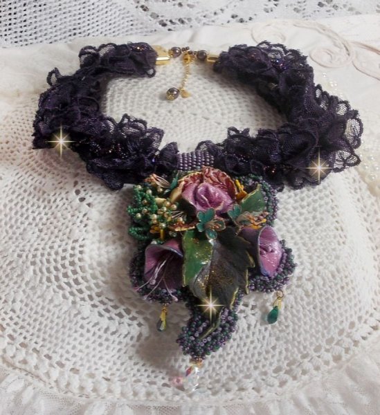 Haute-Couture Flower Poetry Pendant embroidered with porcelain flowers, antique purple lace, crystals, seed beads with 925 silver and gold plated accessories