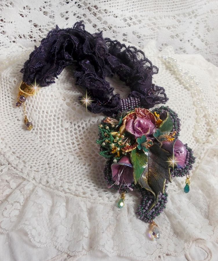 Haute-Couture Flower Poetry Pendant embroidered with porcelain flowers, antique purple lace, crystals, seed beads with 925 silver and gold plated accessories