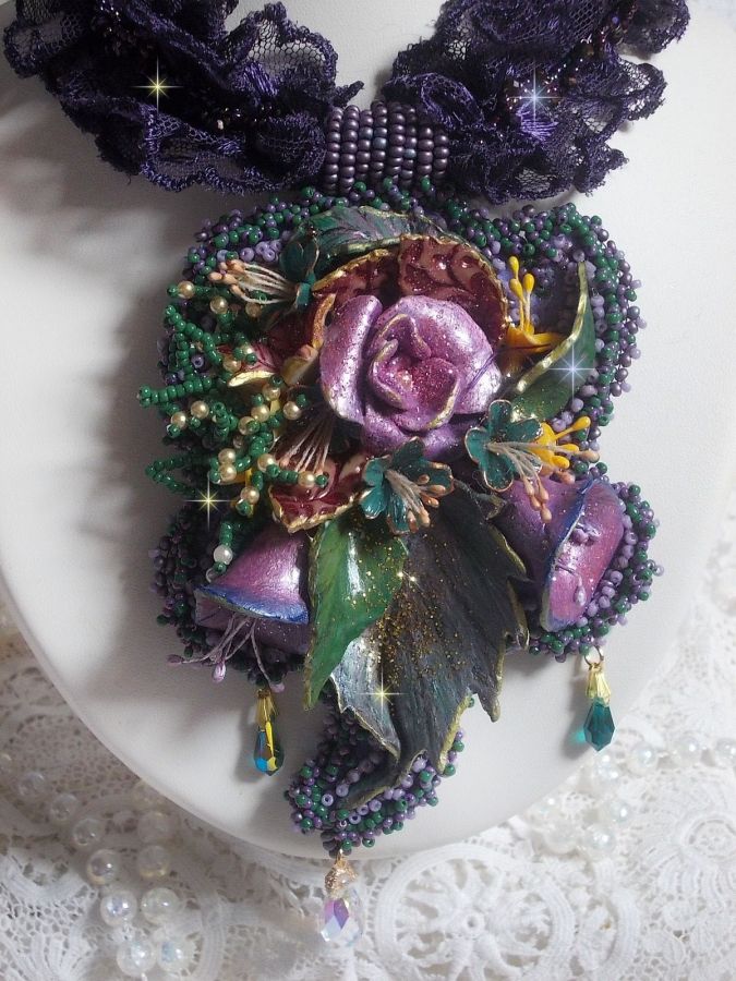 Haute-Couture Flower Poetry Pendant embroidered with porcelain flowers, antique purple lace, crystals, seed beads with 925 silver and gold plated accessories