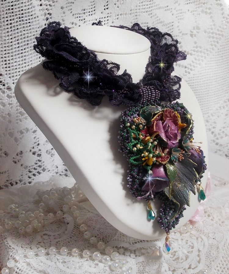 Haute-Couture Flower Poetry Pendant embroidered with porcelain flowers, antique purple lace, crystals, seed beads with 925 silver and gold plated accessories