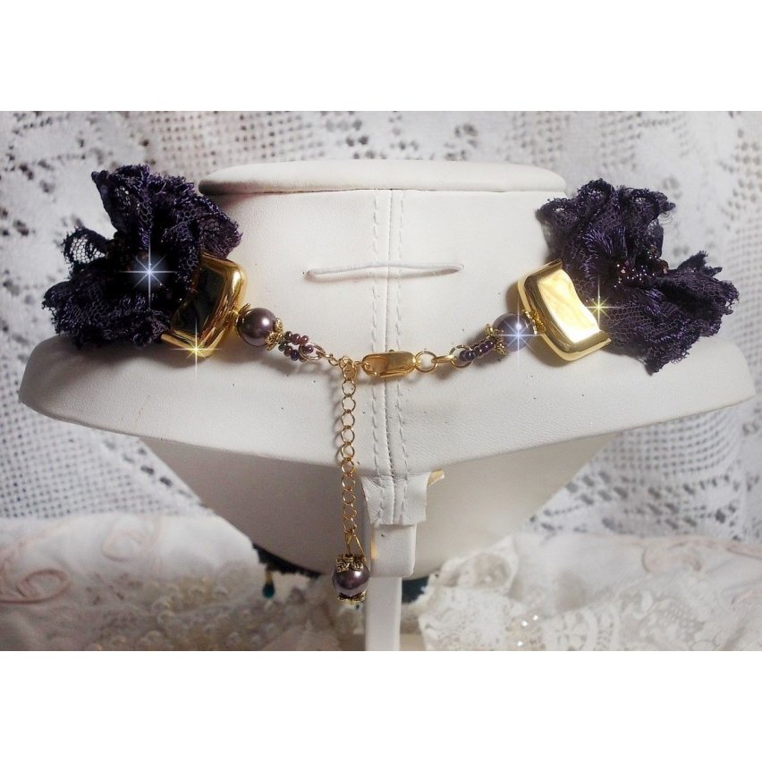 Haute-Couture Flower Poetry Pendant embroidered with porcelain flowers, antique purple lace, crystals, seed beads with 925 silver and gold plated accessories