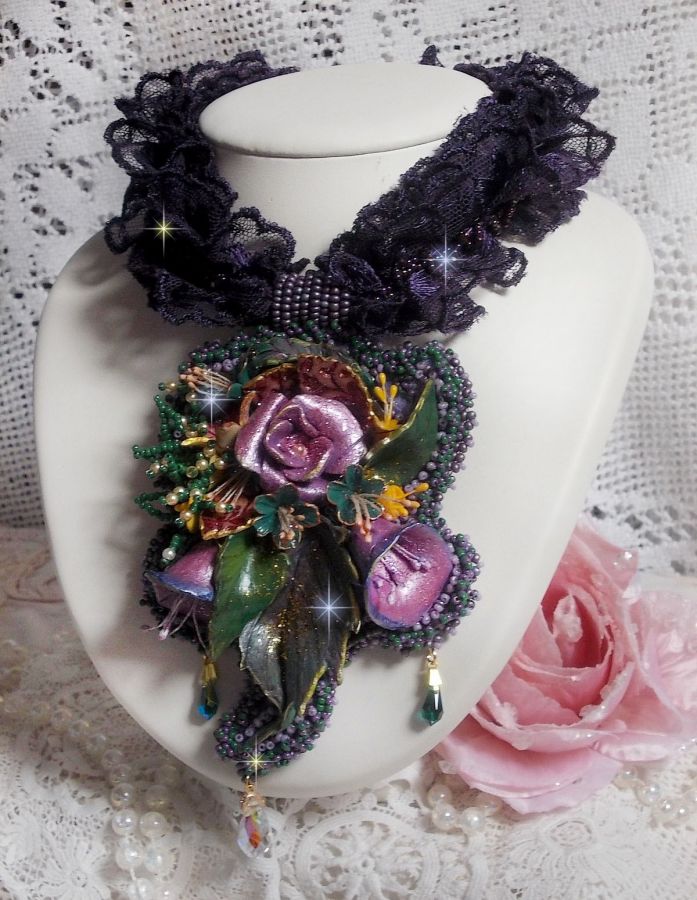 Haute-Couture Flower Poetry Pendant embroidered with porcelain flowers, antique purple lace, crystals, seed beads with 925 silver and gold plated accessories