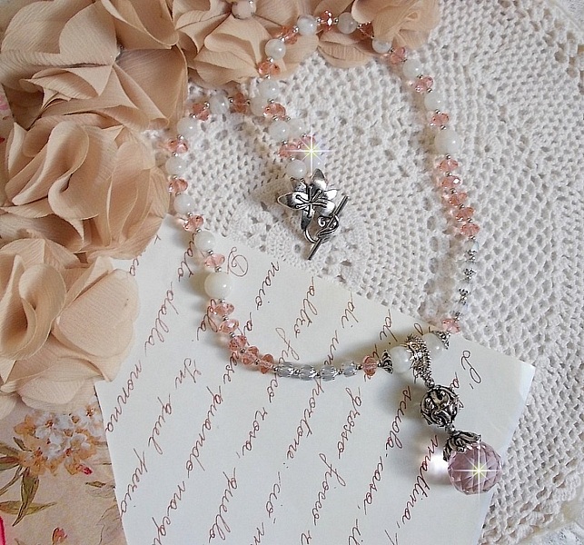 Iris&eacute;e Rose pendant necklace embroidered with Swarovski crystals, 925 silver and moonstones