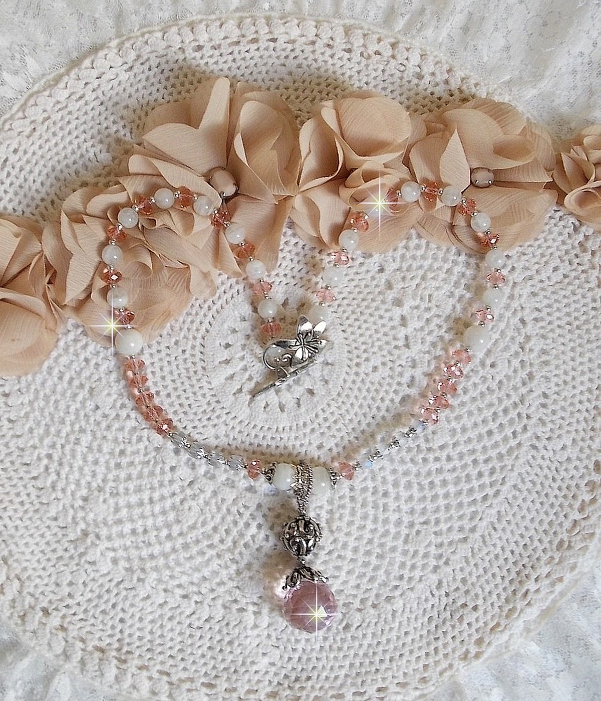 Iris&eacute;e Rose pendant necklace embroidered with Swarovski crystals, 925 silver and moonstones