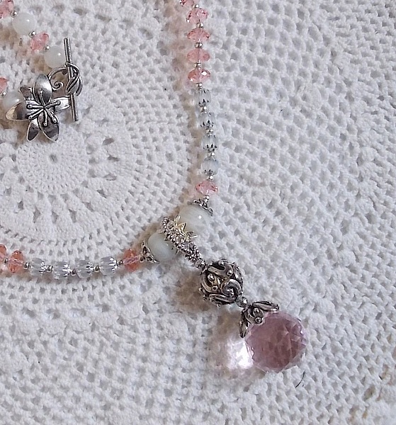 Iris&eacute;e Rose pendant necklace embroidered with Swarovski crystals, 925 silver and moonstones