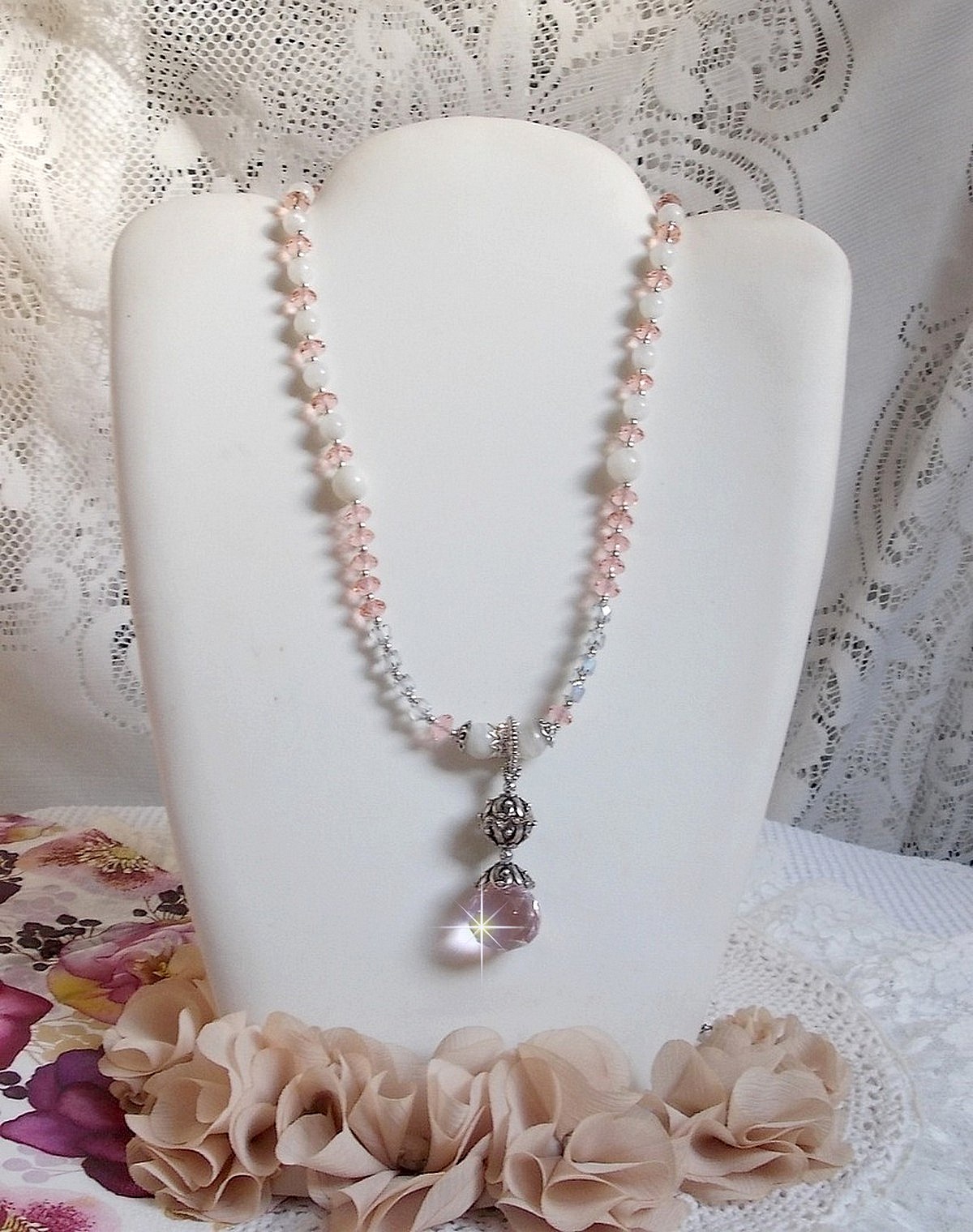 Iris&eacute;e Rose pendant necklace embroidered with Swarovski crystals, 925 silver and moonstones