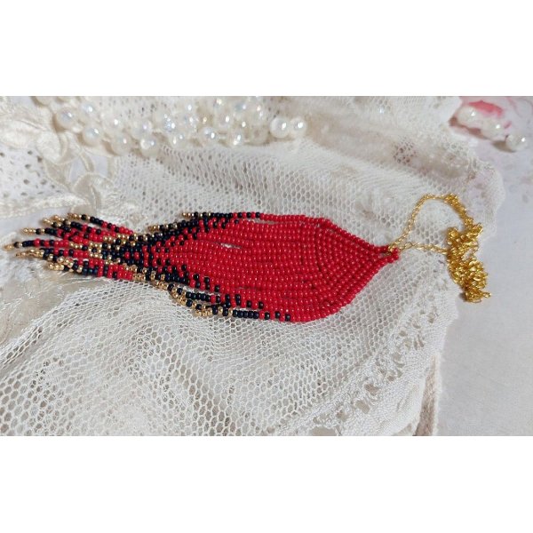 Red Swirls Pendant created with quality seed beads and a gold-plated chain