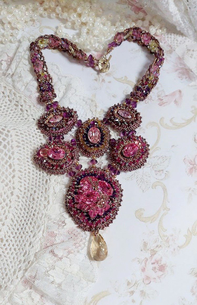 Majestic Crystal Haute-Couture Necklace with cabochons, Swarovski crystal bicones, glass beads and high quality seed beads