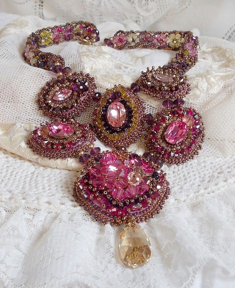 Majestic Crystal Haute-Couture Necklace with cabochons, Swarovski crystal bicones, glass beads and high quality seed beads