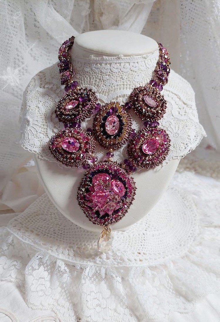 Majestic Crystal Haute-Couture Necklace with cabochons, Swarovski crystal bicones, glass beads and high quality seed beads