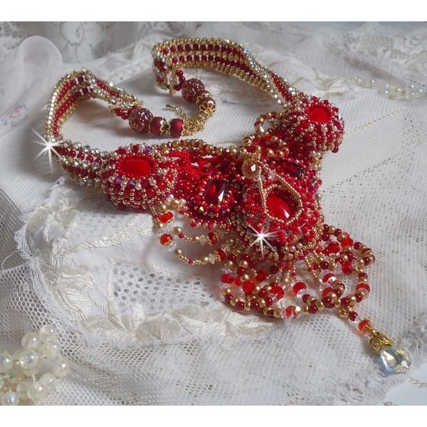 Ruby necklace embroidered with red agate and semi-precious coral beads Haute-Couture style