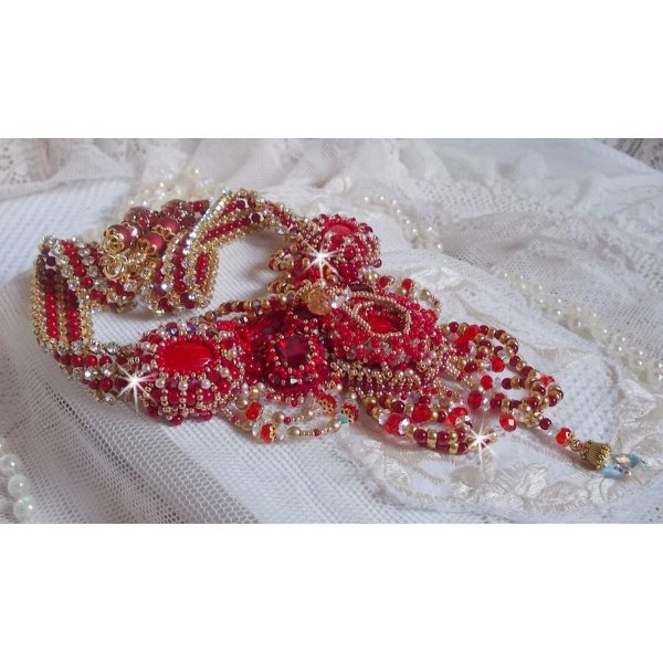 Ruby necklace embroidered with red agate and semi-precious coral beads Haute-Couture style