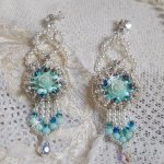 BO Blue Flowers Haute-Couture embroidered with Swarovski crystals, Mint colored resin cabochons, Miyuki seed beads and 925/1000 silver studs