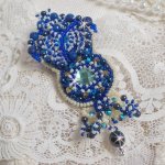 Blue Palace Haute-Couture brooch embroidered with Swarovski crystals, round pearly beads, bohemian glass facets and seed beads