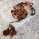 Amber Romance Necklace Embroidered with Caramel/Orange/Mahogany leather, semi-precious gemstones (Agate, Citrine, Picasso Jasper) and Swarovski Crystals